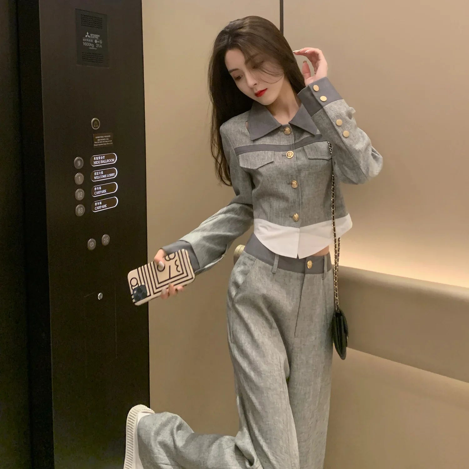 Calça Feminina Escritório Cinza Para o Trabalho Conjuntos de Top e Calça para Mulheres 2 Peças Profissional Primavera Outono Estilo Coreano Luxo Completo