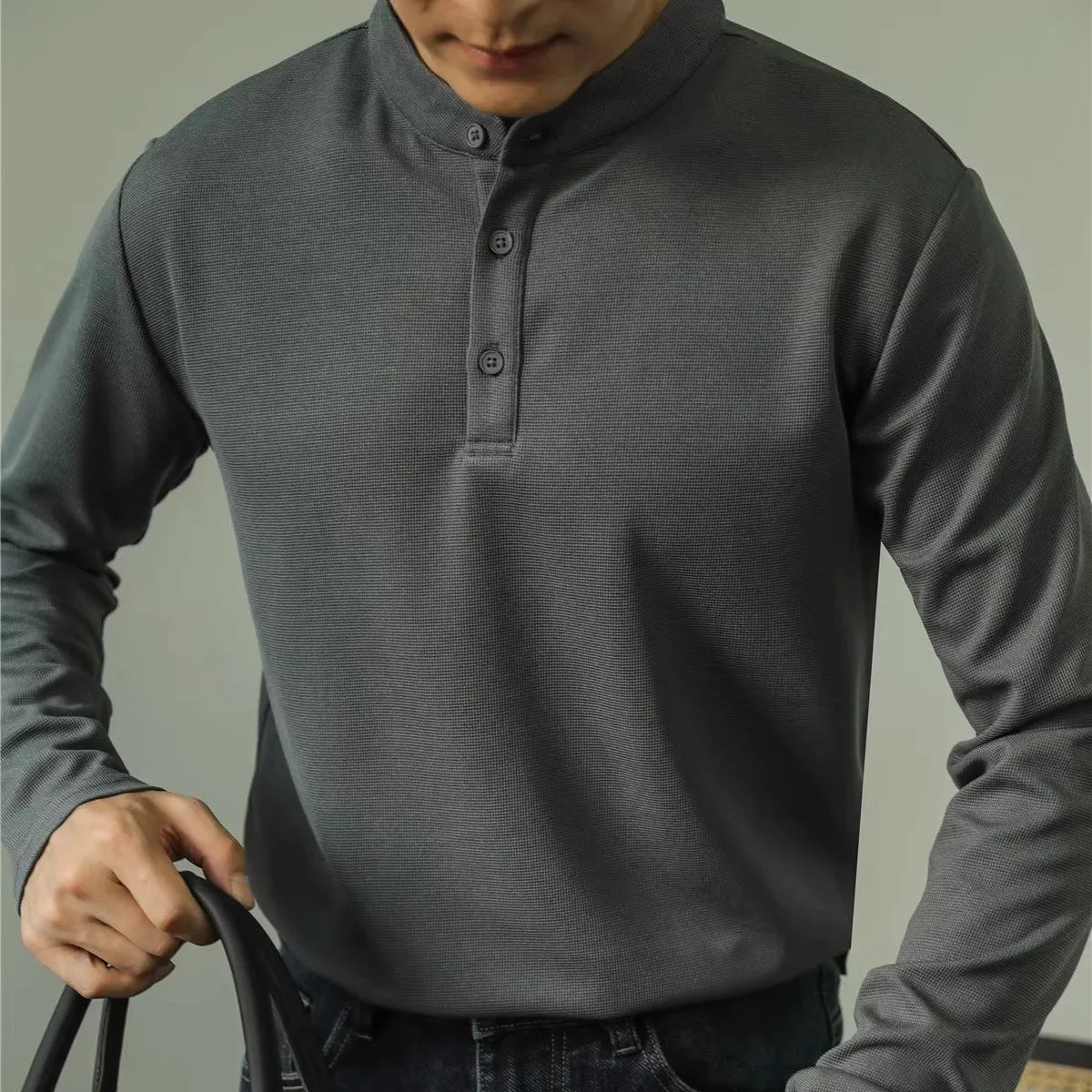 Polo Masculina de Luxo Manga Longa Gola Padre Lisa com Abertura Henley Casual Executiva.M-4XL