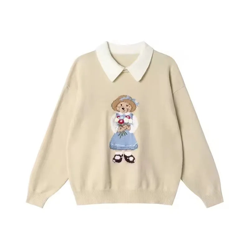 Suéter Feminino de Tricô com Urso Bordado Estilo Francês de Luxo para Mulheres Blusas Casuais de Malha Suéter Pull Femme