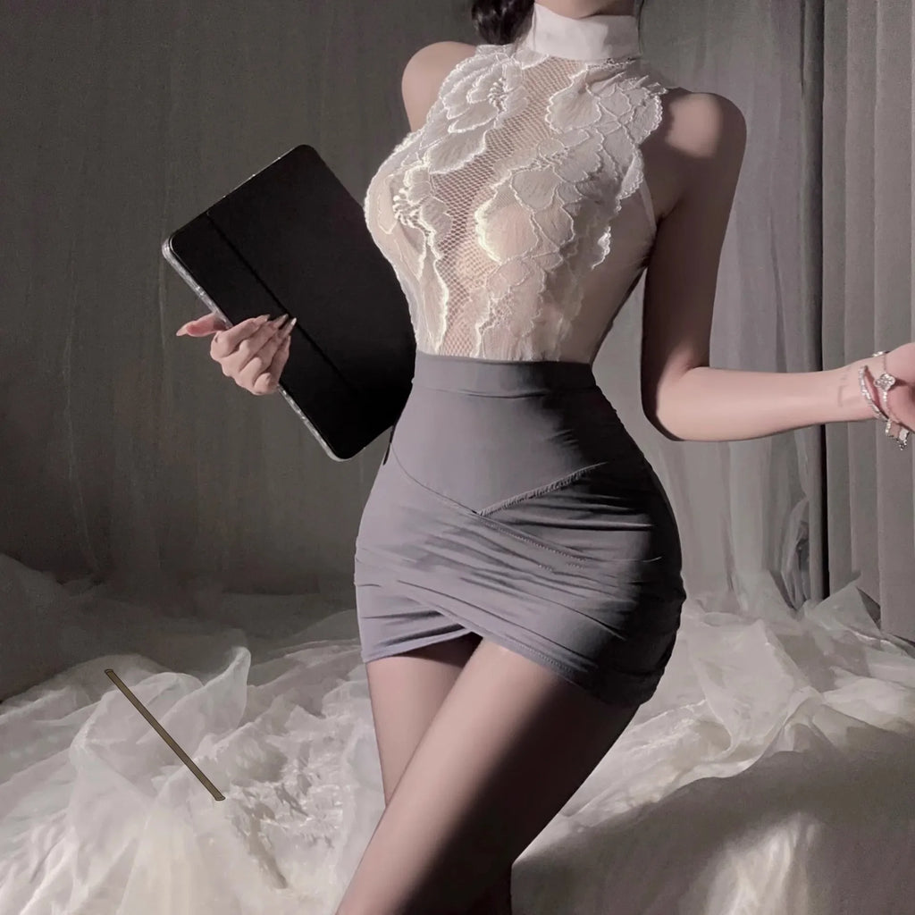 Lingerie sexy feminina; fantasia de aeromoça; fantasia de secretária de renda; conjunto de uniforme; fantasia profissional; cosplay.