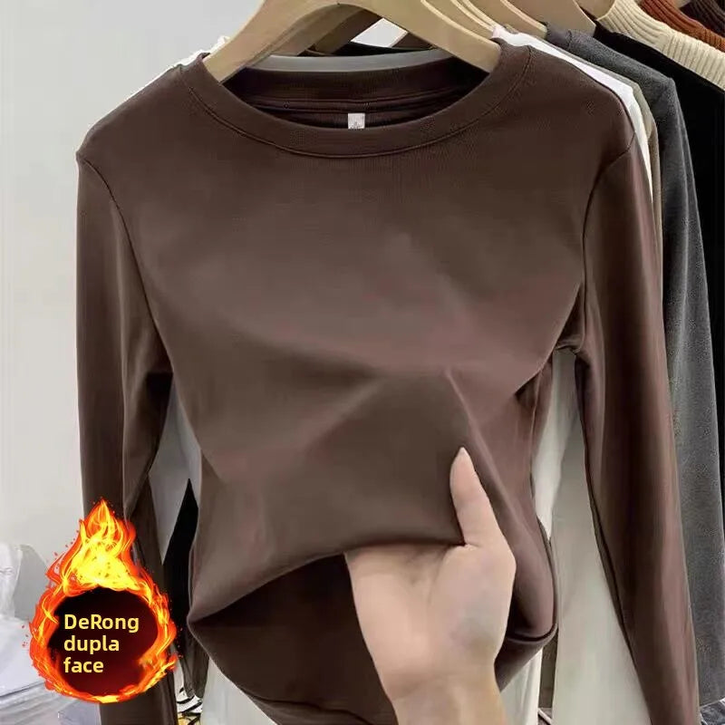 Camiseta Gola Redonda Feminina Outono Inverno 2026 Novo Estilo Cor Pura Ajuste Slim Interior Em Fleece Grosso Manga Longa - S 501 temperamento cinza escuro
