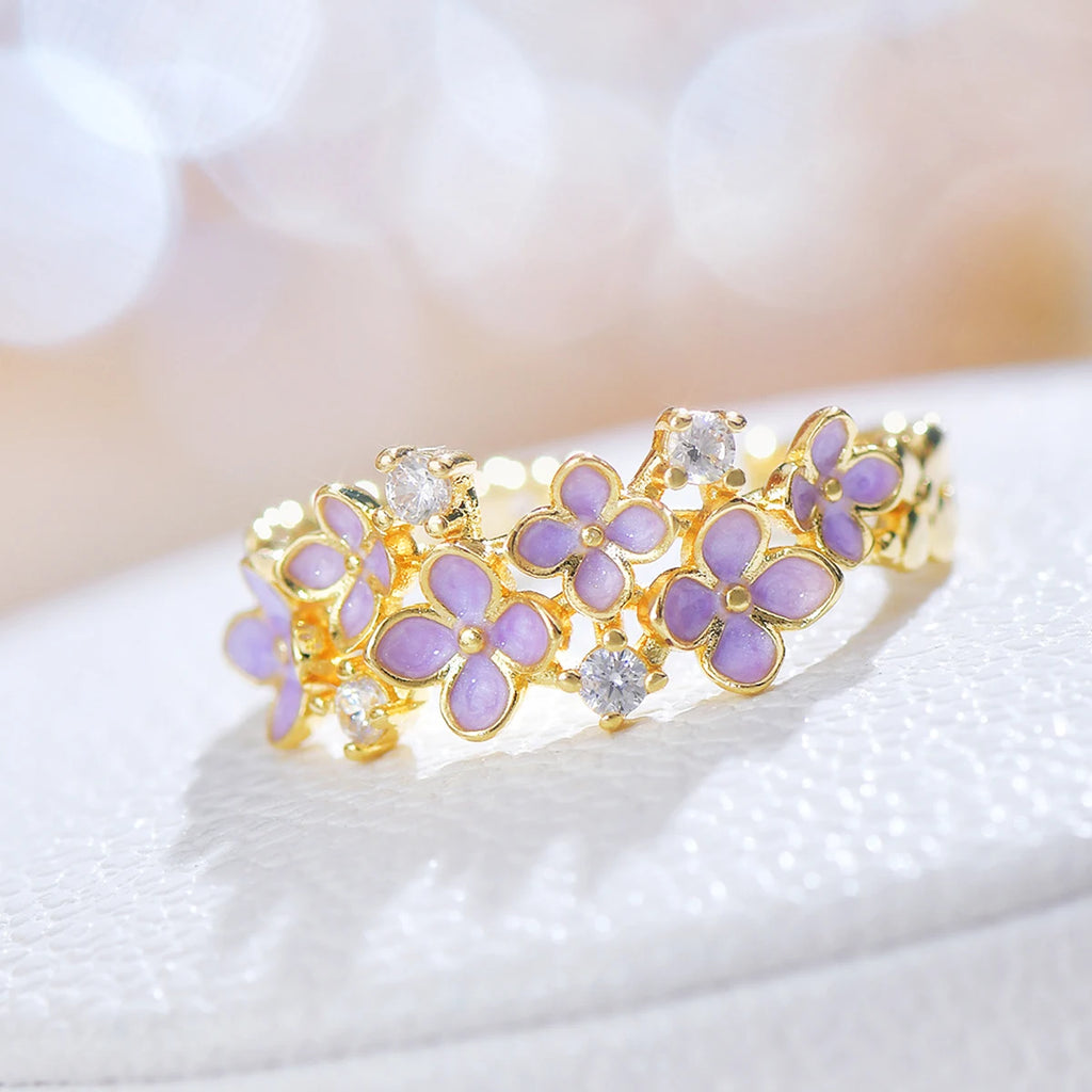 JUWANG 3A Zircon Ring For Women High-End Purple Super Fairy Temperament Flower Dripping Oil Exquisite Zircon Butterfly Open Ring