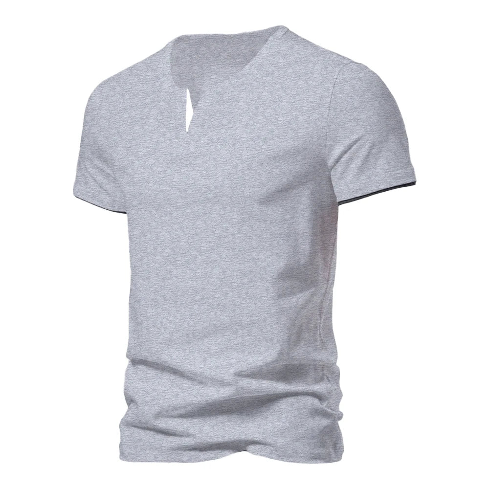 Camisetas Masculinas Verão Henley Gola V Manga Curta Casual Cor Sólida Slim Fit Camiseta Respirável Básica Solta Fitness Esportiva