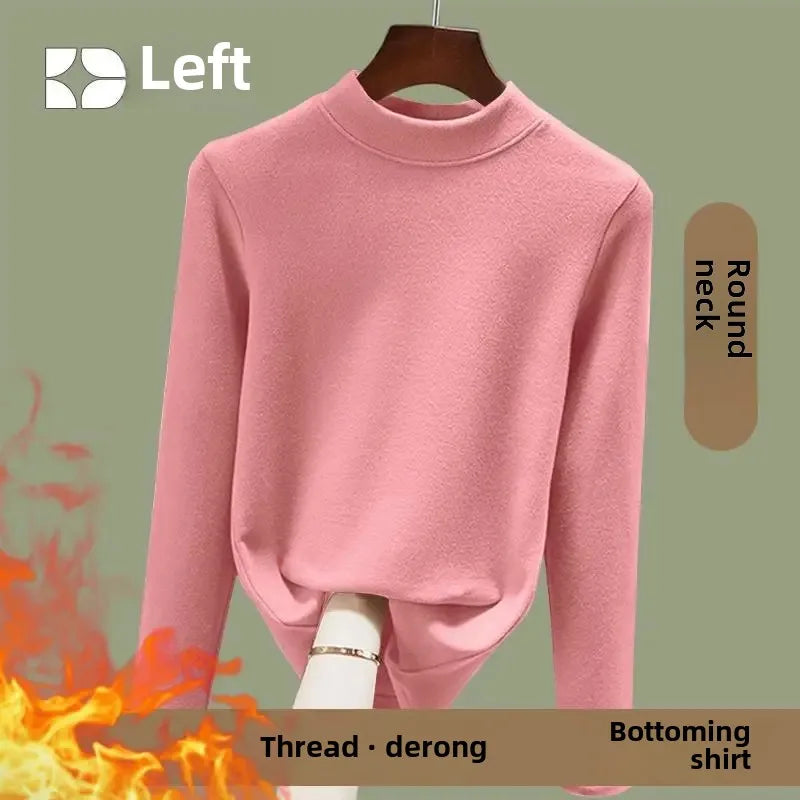 Warm Long Sleeve Crew Neck T Shirt Fashionable Spring Commute Thermal Base Layer Shirt Single Dual Threaded Velvet Polyester Fib - L ([recommended 50.00 kg-57.50 kg]) Elegant green [A046 single piece]]