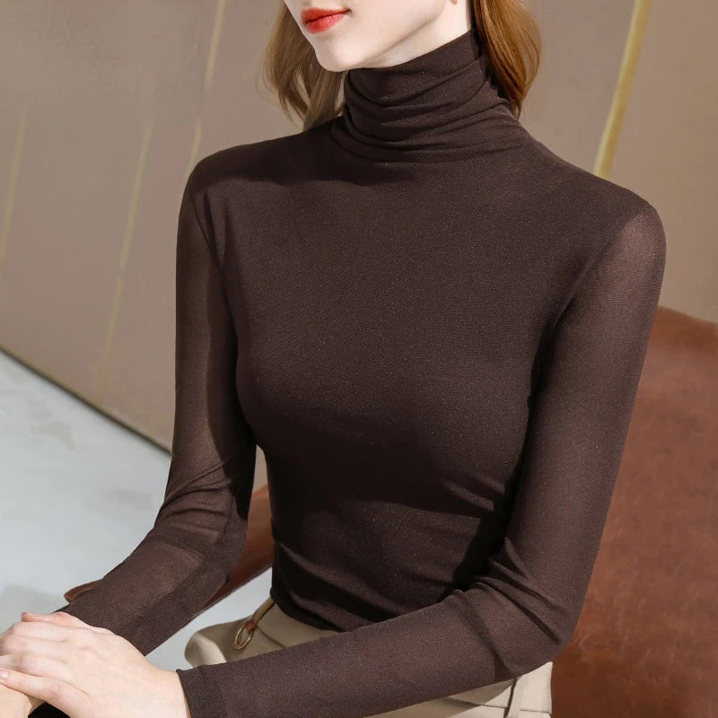 Spring And Autumn Elastic Mesh High Neck T Shirt Bottoming Shirt Womens Long Sleeved Solid Color Thickened Basic Top - dark brown M
