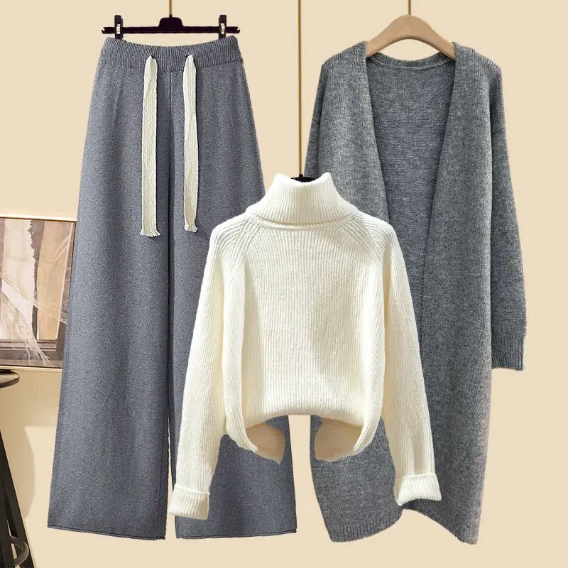 Conjunto Feminino de Tricô Moda Três Peças Outono Novo Estilo Preguiçoso Cardigã Aberto Calças Wide Leg Slim