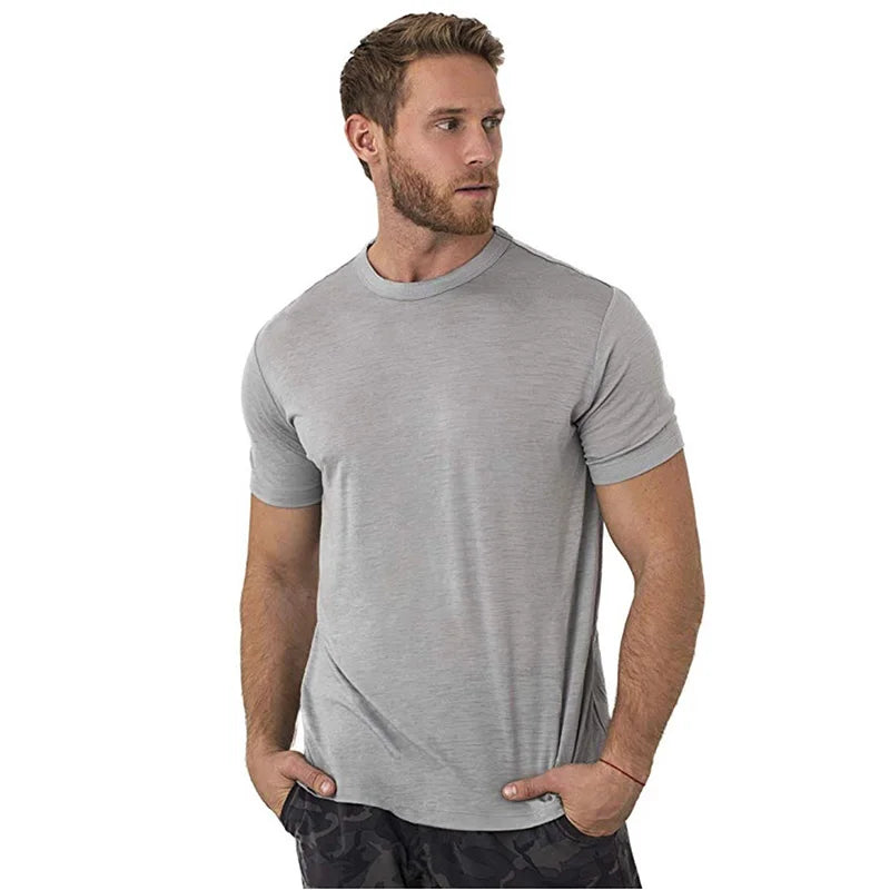 Camiseta Masculina de Lã Merino Solta Manga Curta para Corrida Ar Livre Fitness Secagem Rápida Respirável Fina de Verão Gola Redonda