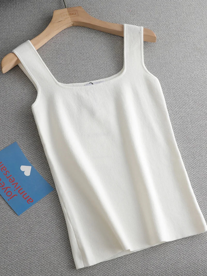 Regata de malha branca de verão com decote U de alta qualidade, chique, básica, feminina, sexy, camiseta sem mangas, top vintage, camiseta casual cropped