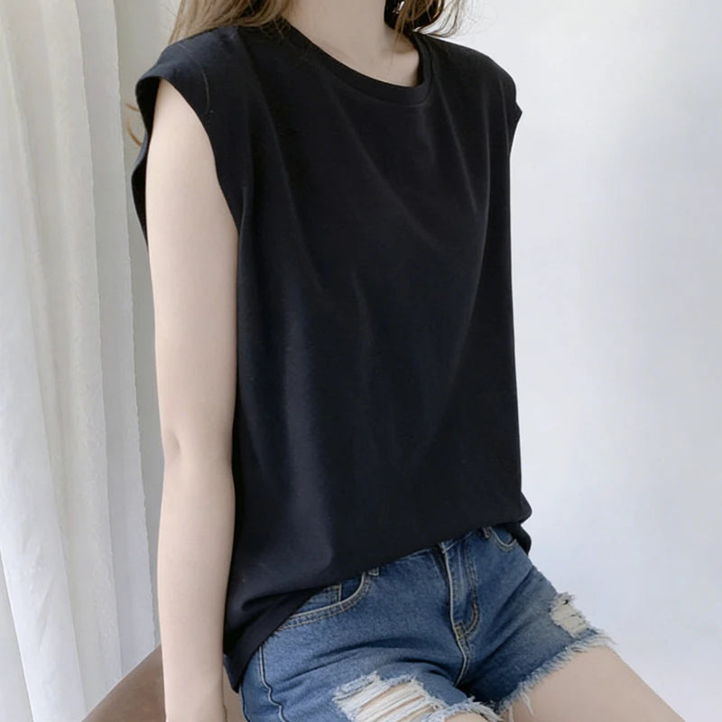 Woman Loose Sleeveless Tank Top Summer Casual Vest Basic Daily T Shirt Sweet Style Suitable For Students Stretchy Soft Lady Wear - black M