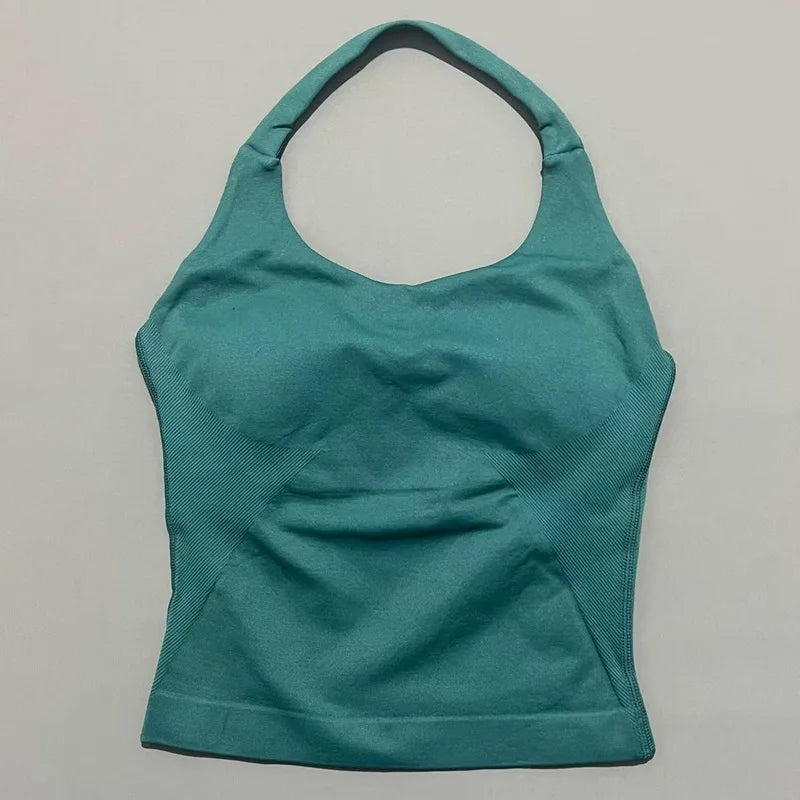 Regata Esportiva Feminina para Academia Sem Costura Yoga com Bojo Removível Top Esportivo Push-up Fitness Treino Corrida