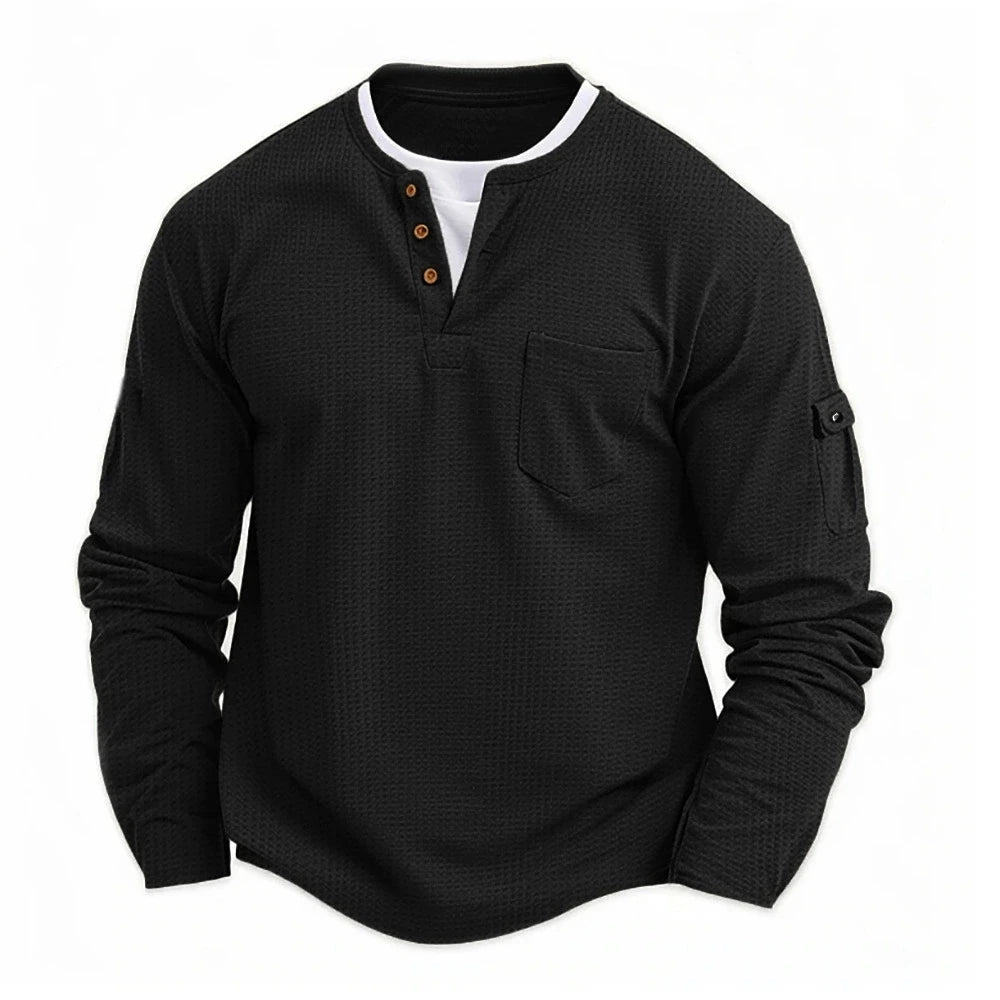 Camiseta Henley Masculina Manga Longa Casual com Botões Lisa de Algodão Waffle Falsa de Duas Peças