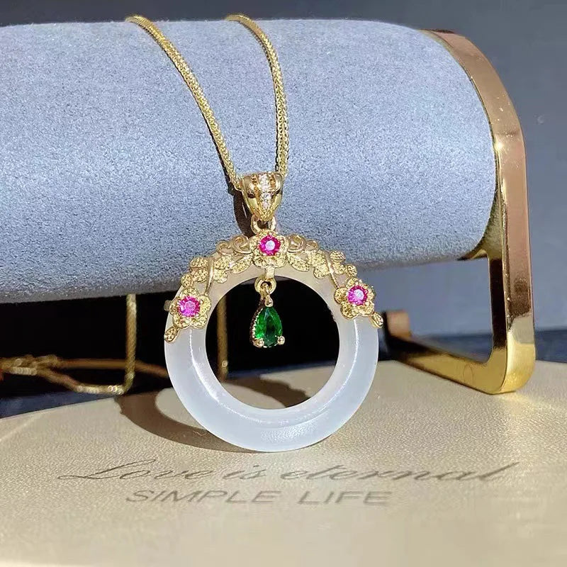 Classic luxury natural Hetian jasper pendant necklaces exquisite crystals flower ring design chain wedding engagement jewelry