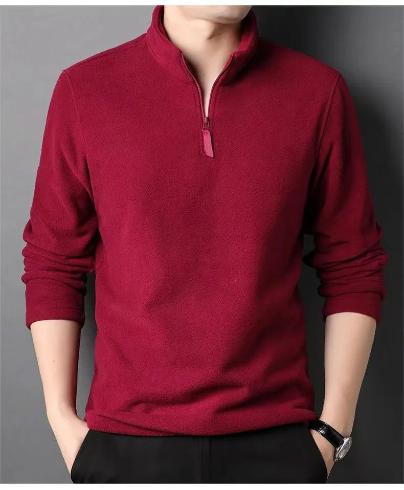 Outono Inverno Novas Camisas Polo Quentes Masculinas Lã de Cordeiro Moletom Gola Alta Meio Zíper Manga Longa Moda Versátil Camisetas Masculinas Tops