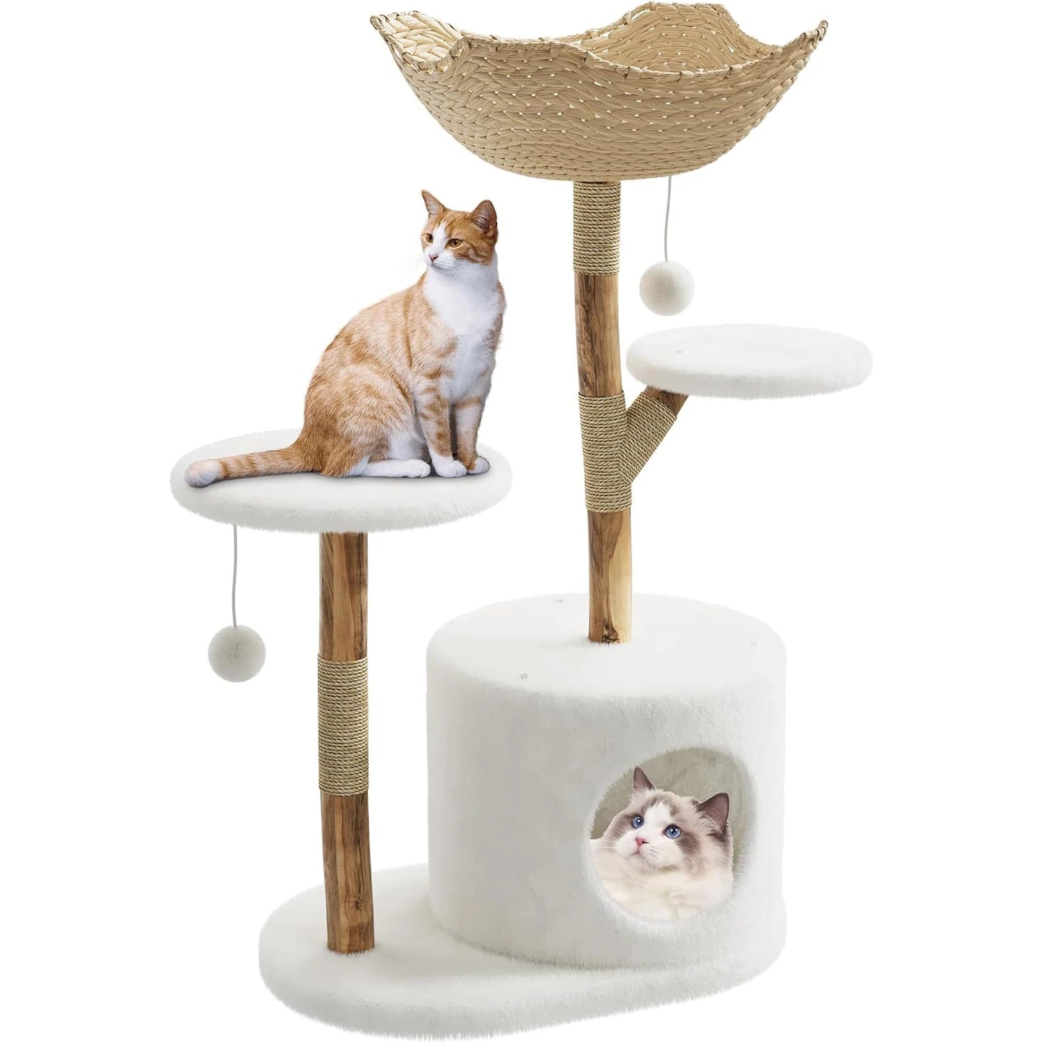 Multi-Level Cat Tree Tower with Cozy Bed Wicker Basket Condo Wooden Scratching Post Climbing Activity Center for Cats Indoor