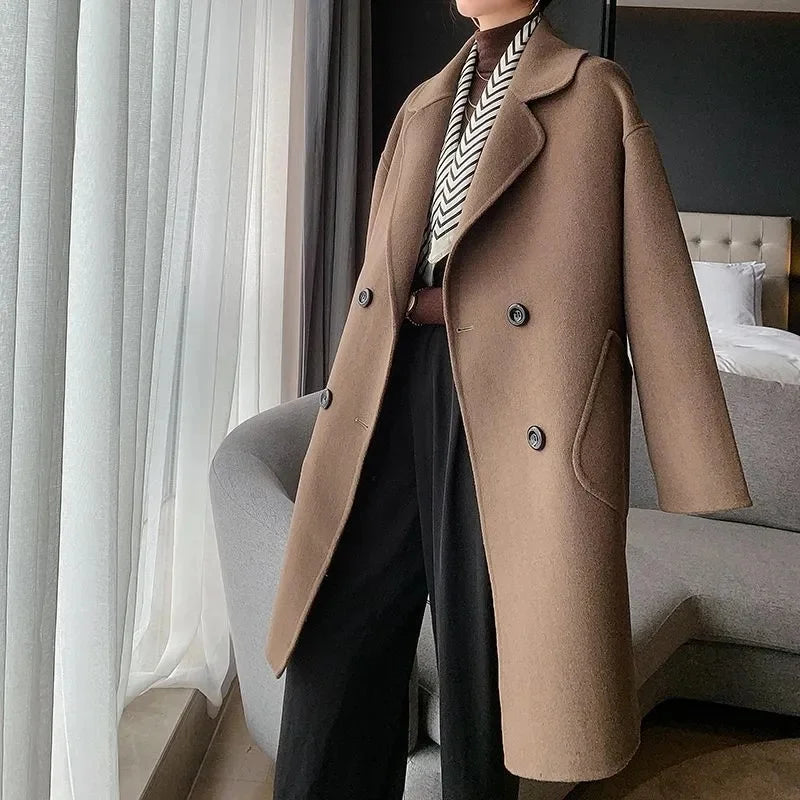 Inverno Coreano Feito à Mão Duplo Abotoamento Longo Casaco Feminino 100% Lã Casual Solto Cinto de Amarrar Sobretudo de Lã Oversized