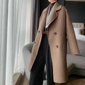 Inverno Coreano Feito à Mão Duplo Abotoamento Longo Casaco Feminino 100% Lã Casual Solto Cinto de Amarrar Sobretudo de Lã Oversized