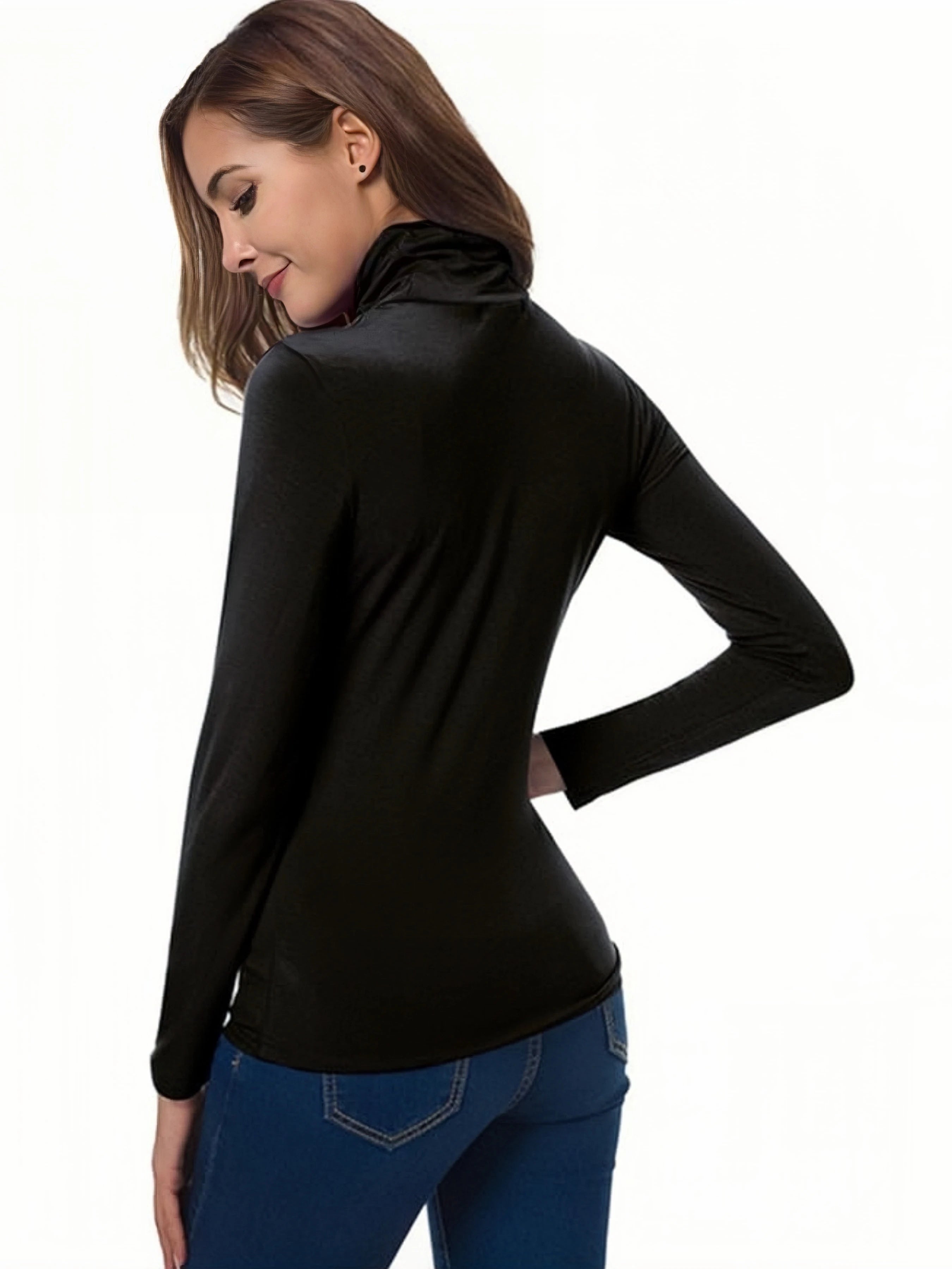 Conjunto Feminino de Blusa Gola Alta e Camiseta em Tricô Macio Casual Manga Longa para Primavera Outono Essenciais Estilosos para o Guarda-Roupa - preto GGG