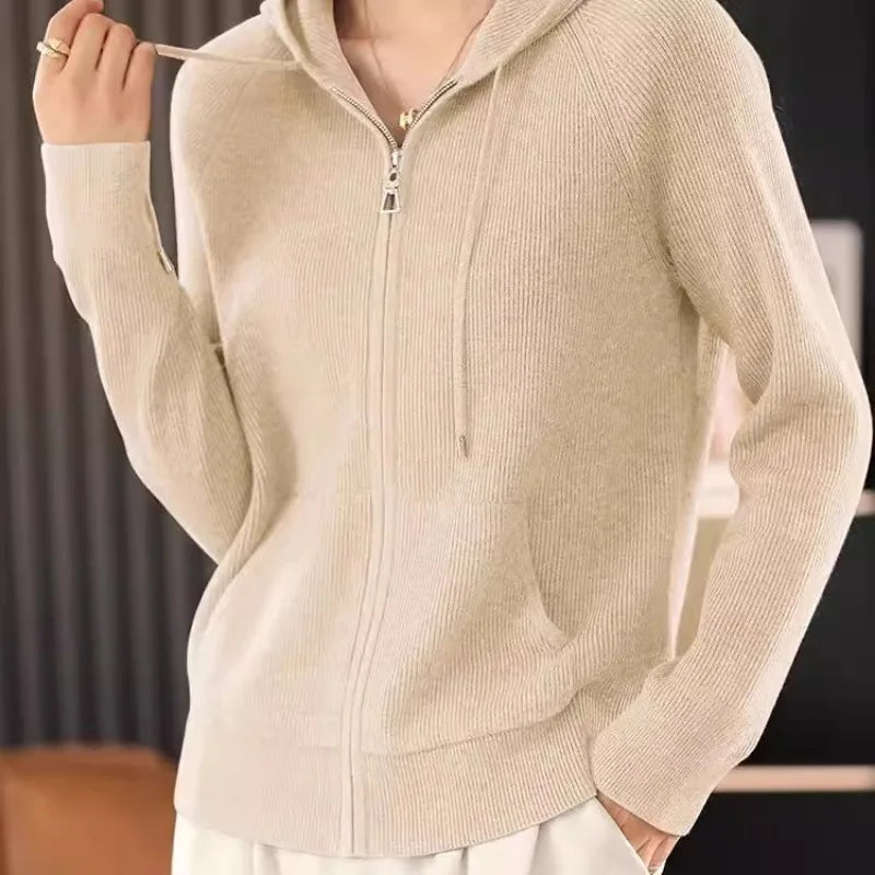 Cardigã Feminino Outono Inverno Gola Dobrável Zíper Frontal Cardigã Grosso Solto Suéter Básico Quente Tricô Casual Coreano Casaco - preto XL