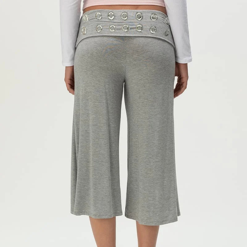 Calças capri femininas sexy de sarja dobrada de perna larga cropped fluidas estilo gaúcho confortáveis casuais para yoga estilo culotte parte de baixo de pijama streetwear