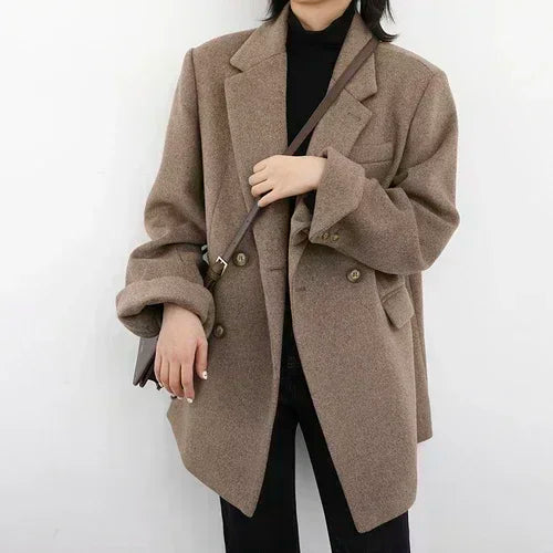 Chic Ven Casaco Feminino de Lã Mesclada Liso Médio Longo Blazer de Lã Grosso Quente Blusa Sobretudo Feminino Tops de Escritório Outono Inverno - Preto XG