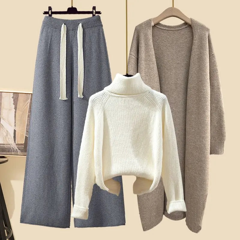 Conjunto Feminino de Tricô Moda Três Peças Outono Novo Estilo Preguiçoso Cardigã Aberto Calças Wide Leg Slim