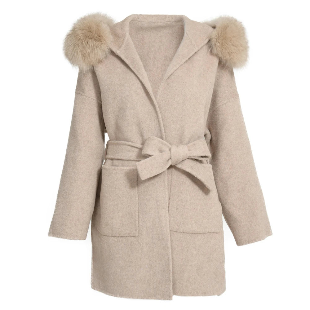 Jxwatcher Casaco de Lã e Misturas de Moda, Comprimento Médio, Jaqueta de Cashmere com Capuz, Gola e Punhos de Pele de Raposa 100% Real, Casaco de Inverno para Mulheres