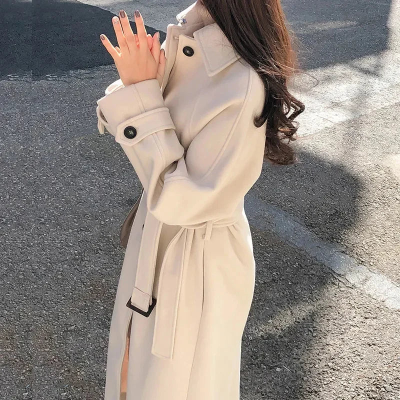 2025 Outono/Inverno Novo Casaco Feminino de Lã Coreano Solto Jaqueta Fina Temperamento com Cinto Casaco Longo de Lã Grosso Feminino
