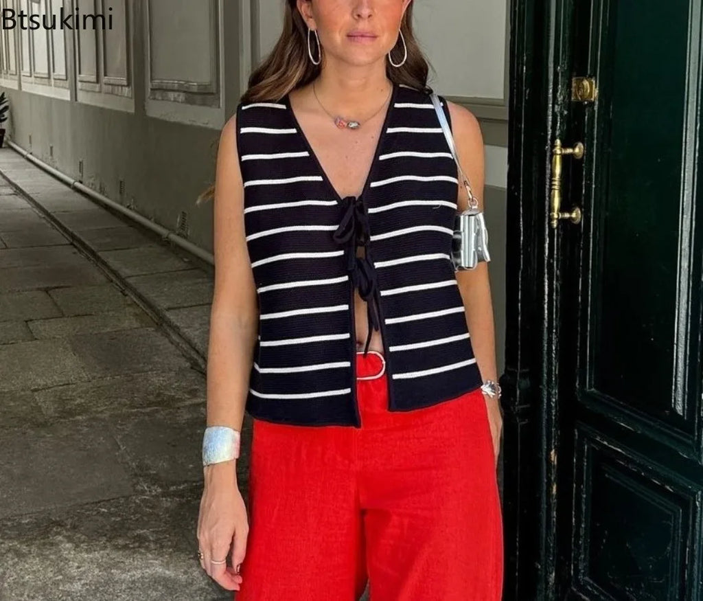 Colete Suéter Tricotado Casual Com Cadarço Top Feminino Sem Mangas Decote V Profundo Vazado Top Feminino Fashion Colete Feminino Folgado Versátil