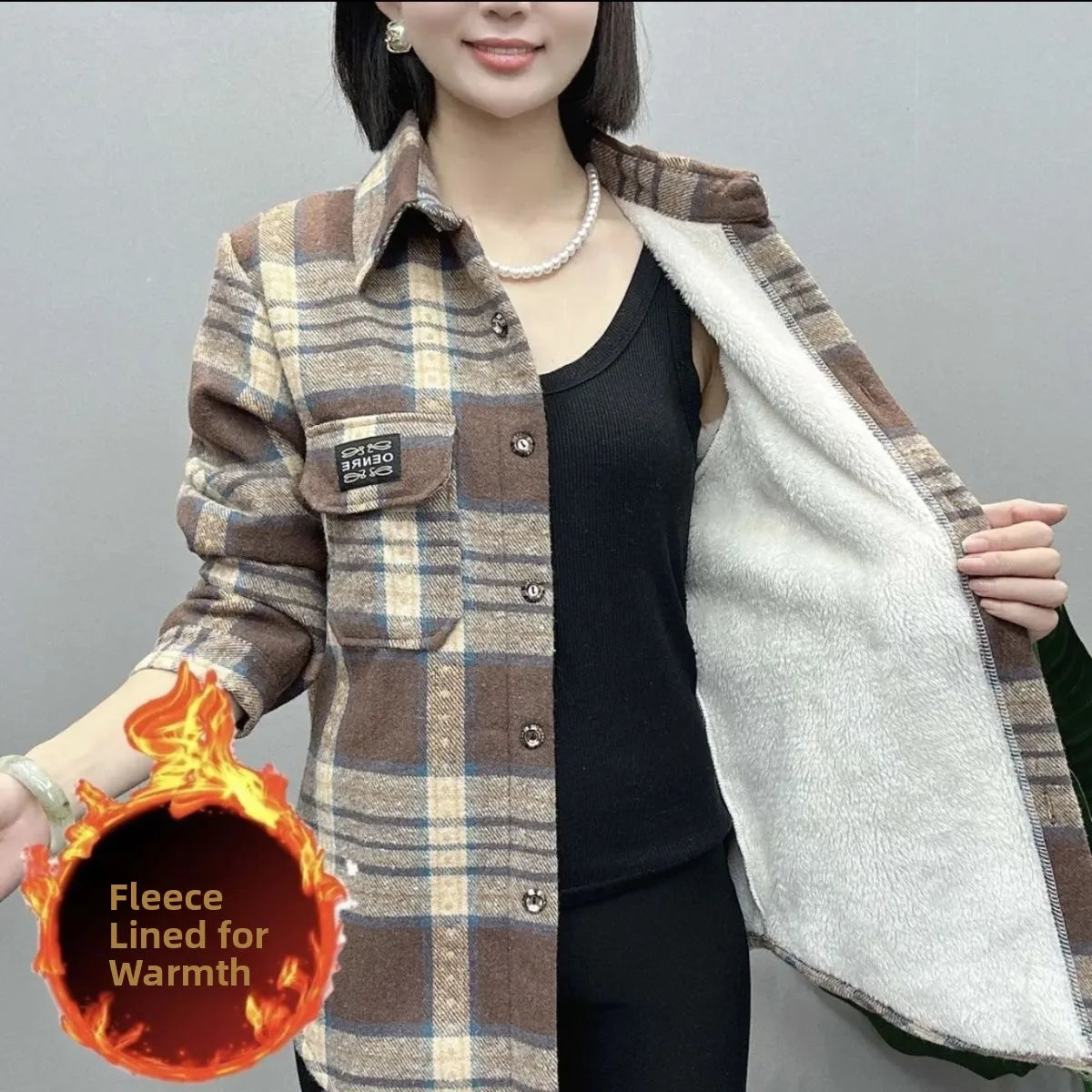 Thickened Fleece Womens Plaid Shirt Casual Loose Outerwear Autumn Winter Warmth Regular Sleeve Long Collar China Brand 1 - Xl [recommended 40-55kg ] [thick model] chidori card grid
