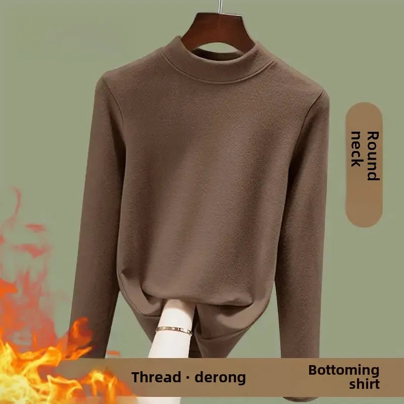 Warm Long Sleeve Crew Neck T Shirt Fashionable Spring Commute Thermal Base Layer Shirt Single Dual Threaded Velvet Polyester Fib - L ([recommended 50.00 kg-57.50 kg]) Elegant green [A046 single piece]]