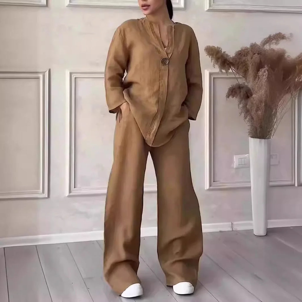 Conjunto de Linho e Algodão 2 Peças Blusa de Manga Comprida Solta com Botão e Calça Pantalona Larga de Cintura Alta Elástica NMD-3021