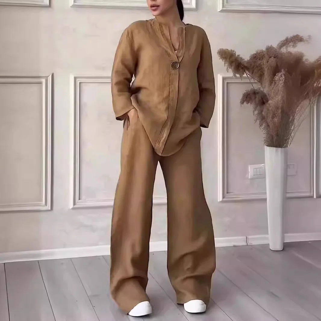 Conjunto de Linho e Algodão 2 Peças Blusa de Manga Comprida Solta com Botão e Calça Pantalona Larga de Cintura Alta Elástica NMD-3021