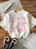 Camiseta Estampada Laço Rosa Feminina Estilo Vintage Casual Estampada T Shirt Bo Manga Curta Top Tee Roupas Kawaii Femininas