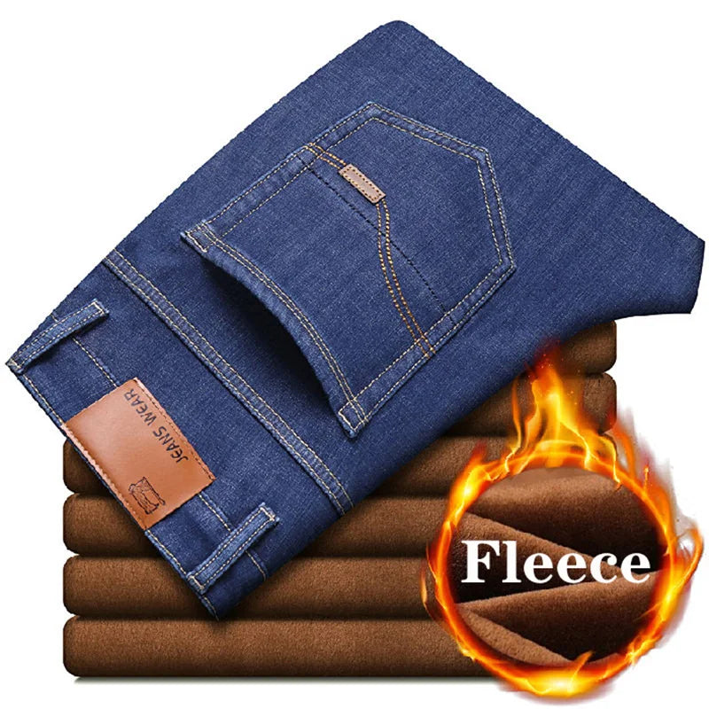 Marca Outono Inverno Quente Flocking Denim Macio Homem Atividades Forro de Lã Calça Jeans Masculina Preto Azul Cinza Cores