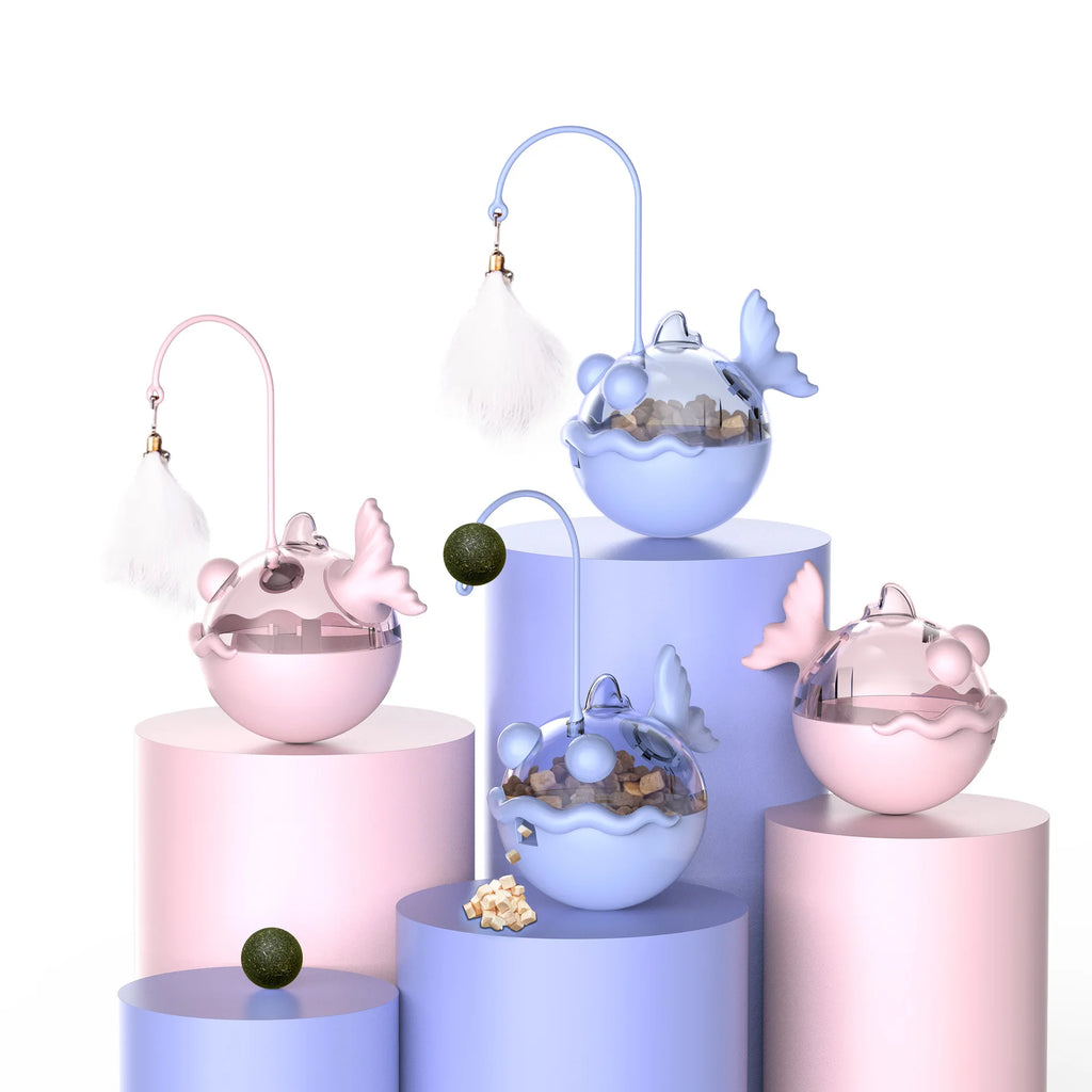 Brinquedo para Gatos Dispensa Comida Tumbler - Bolinha com Penas, Sino e Catnip com Design de Tamboril para Limpeza dos Dentes e Lambedura, Brinquedo Interativo para Gatos