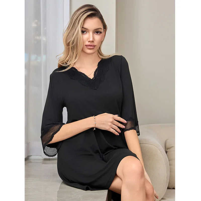 Pijama Feminino Sexy de Renda com Decote V Camisola de Algodão Modal Roupa de Casa Solta Casual Meia Manga Camisola Lingerie Íntima Roupa de Dormir