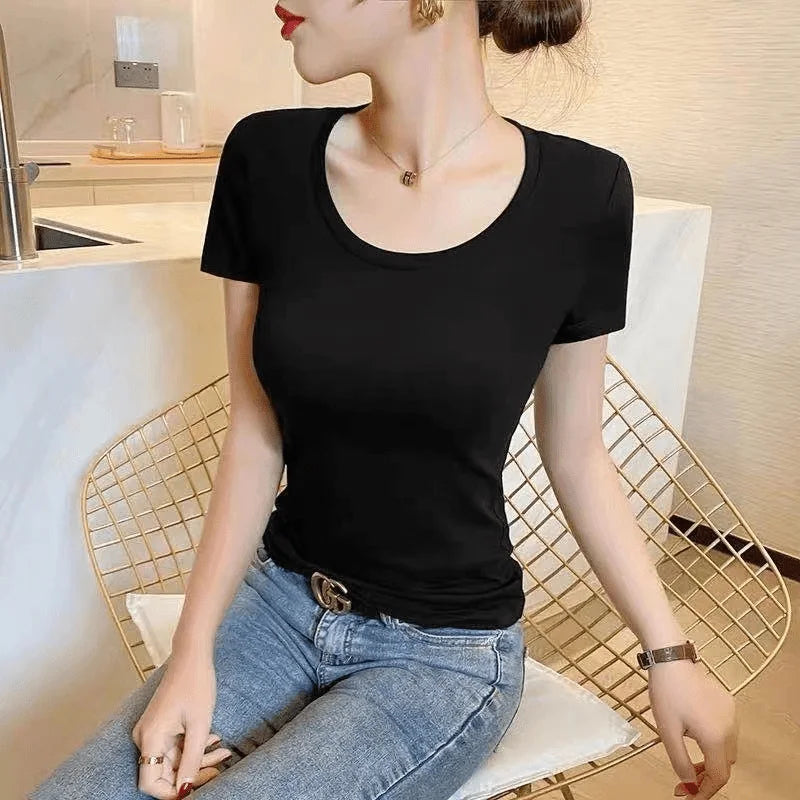 Summer Womens Slim Fit Short Sleeve T Shirt Half Sleeve Base Shirt Versatile Base Layer Top Quality Polyester Fiber Commute - M V white + v white [2-pack]