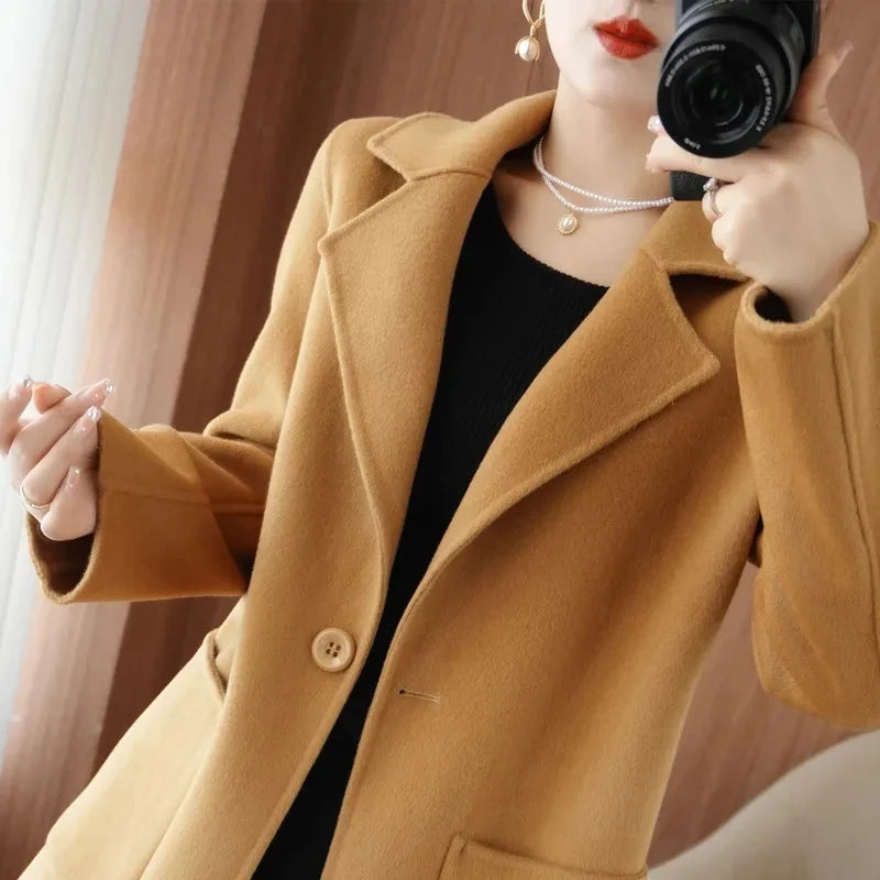 Jaqueta Feminina Casaco De Lã Cashmere Dupla Face 100% Pura Lã Outono Inverno Novo Casaco Corta-Vento De Lã Slim De Um Botão De Comprimento Médio