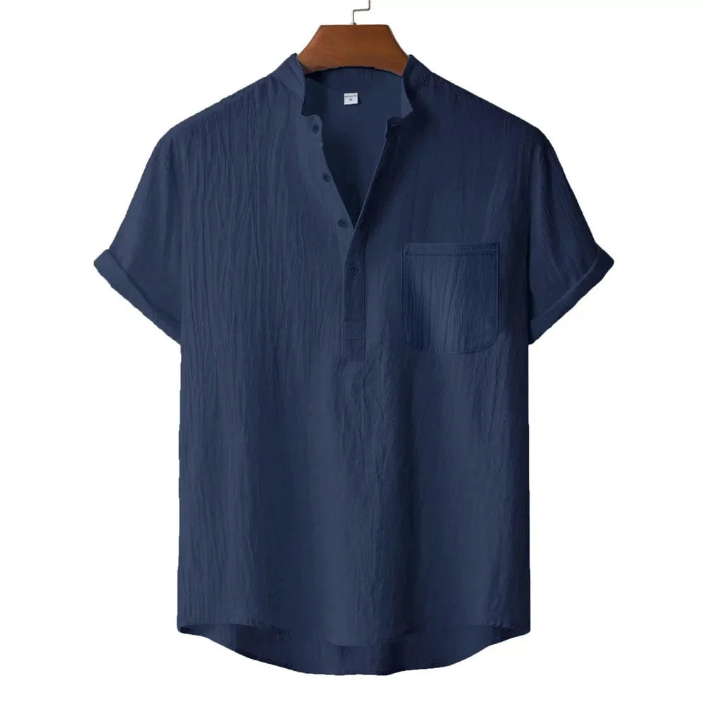 Camiseta Masculina de Verão em Algodão e Linho Estilo Praia Manga Curta Gola Henley Férias Havaí Casual Leve Respirável Confortável