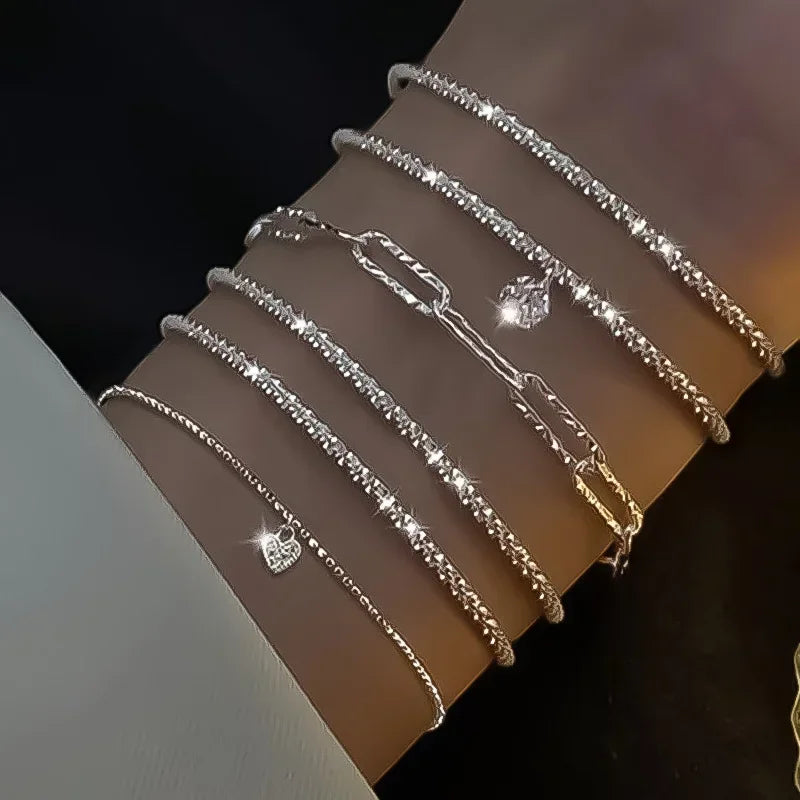 6 Pulseiras Femininas e Infantis de Strass em Prata Esterlina 925, Luxuosas, Estilo Coreano, Charmosas com Céu Estrelado Brilhante, Joias para Festa