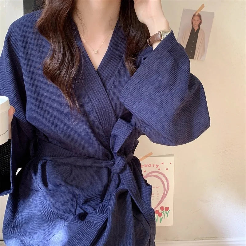 Robe luxuoso com textura Waffle: Robe feminino de manga longa, verão, roupa de dormir, camisola, roupa de dormir