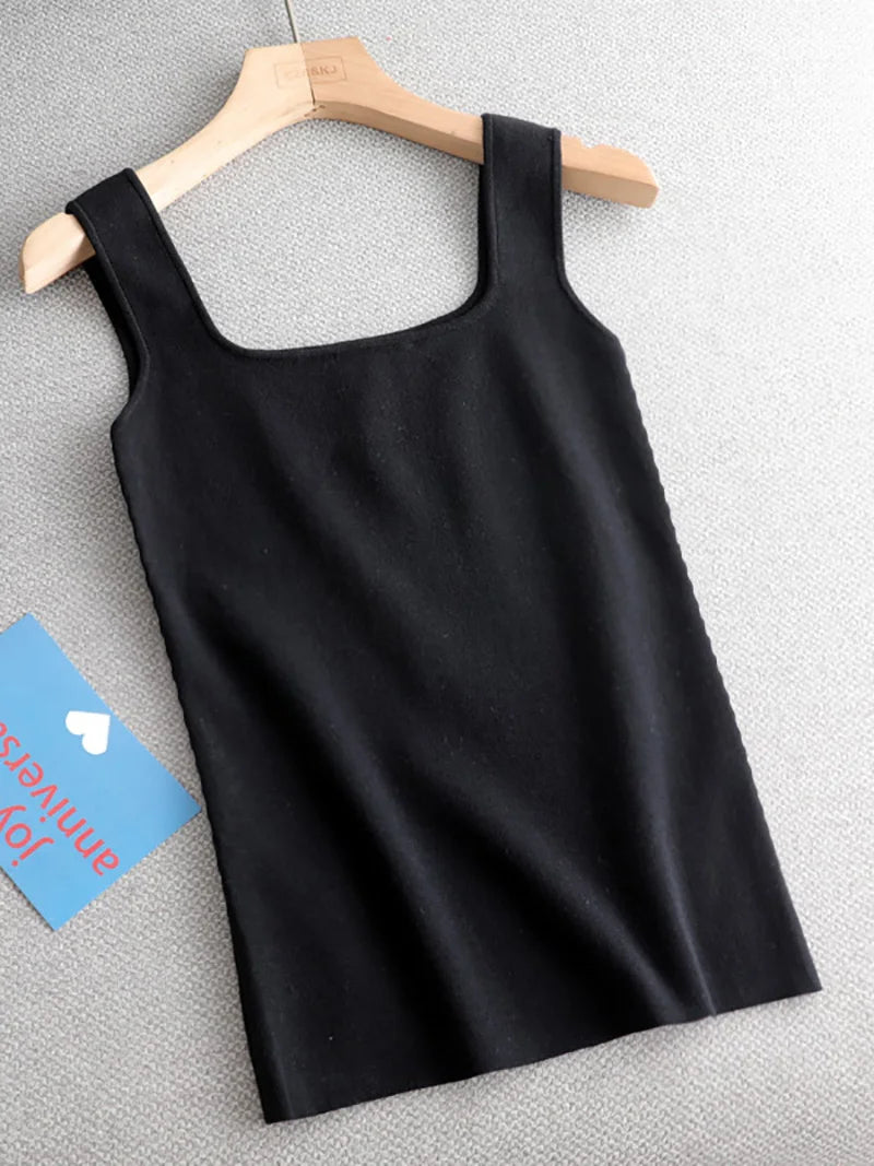 Regata de malha branca de verão com decote U de alta qualidade, chique, básica, feminina, sexy, camiseta sem mangas, top vintage, camiseta casual cropped