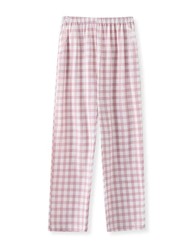 Calça Feminina de Algodão Perna Larga Verão Fina Nova Roupa de Dormir Casual Solta Estilo Preguiçoso Corte Reto Caimento Solto Cintura Alta 1 - Tamanho único 35-60kg Xadrez azul