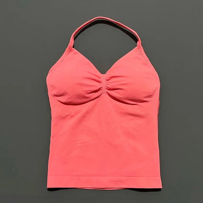 Conjuntos de Academia Femininos 2 Peças Impacto Sem Costura Fitness Yoga Roupa Esportiva Halter Top Shorts Roupa de Treino Corrida Roupa de Academia