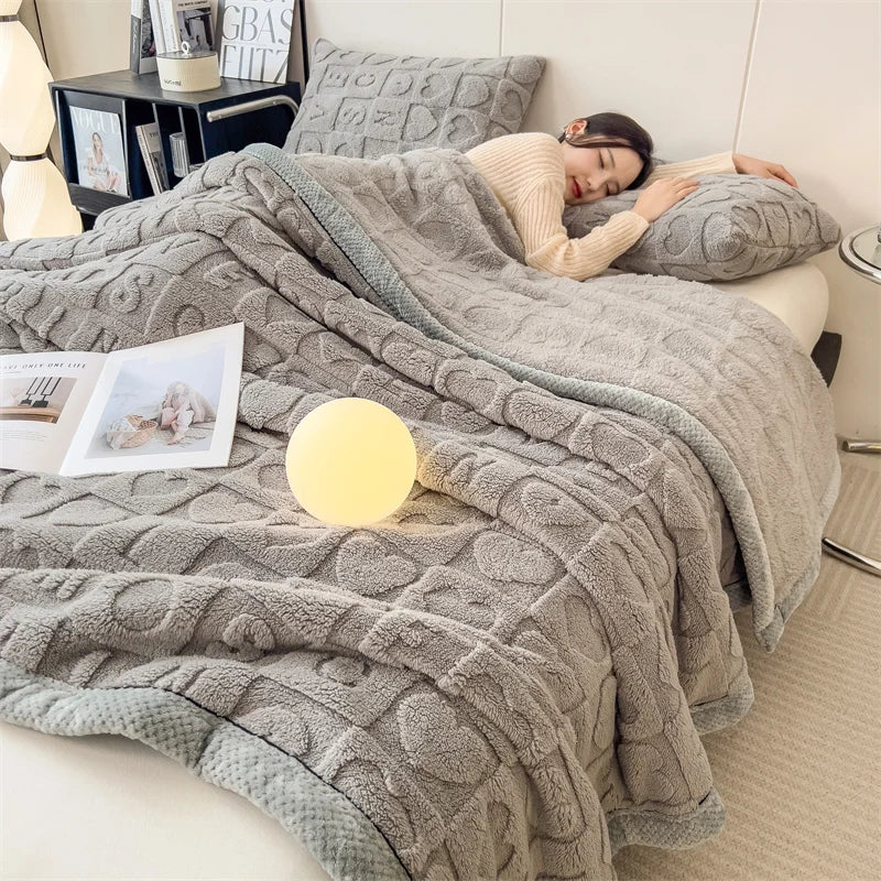 Heart Pattern Coral Fleece Blanket Spring Autumn Cozy Thicken Warm Plush Blanket for Bed Fluffy Super Soft Sofa Throw Blankets