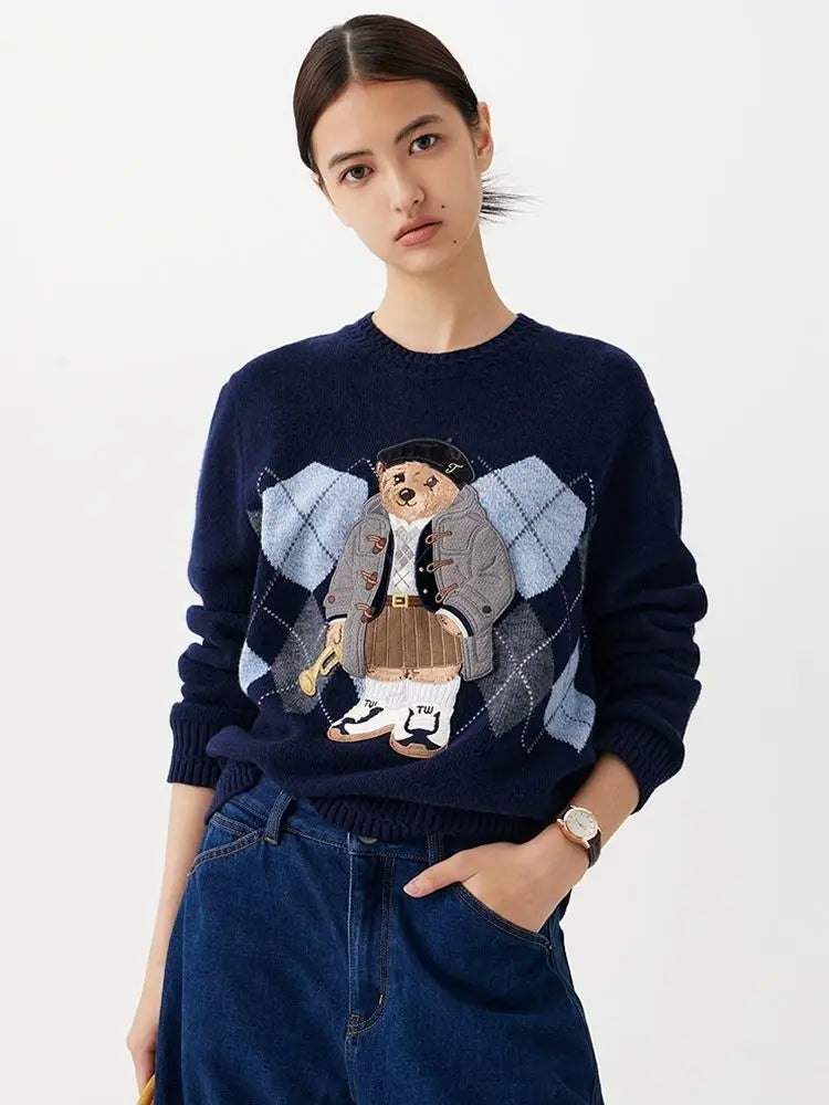 Camisola Suéter Tricotada Urso Bordado Luxo Francês de Rua Para Mulheres Moda Casual Tricô Blusas Pull Femme