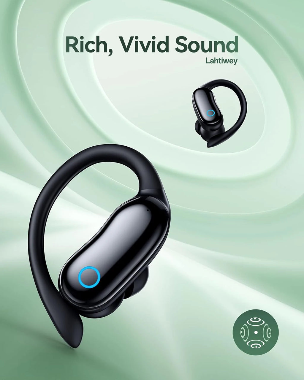 Fones de ouvido sem fio, 96 horas de reprodução, Bluetooth, fones à prova d'água IPX7, graves estéreo, over-ear, com ganchos auriculares e microfone