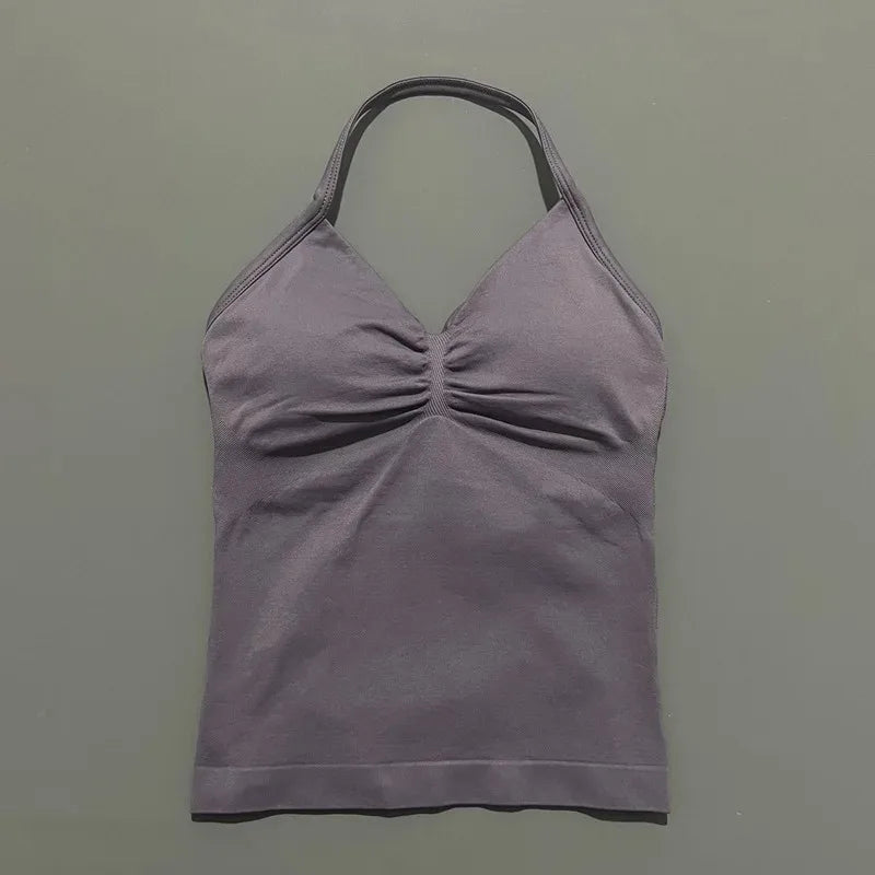 Conjuntos de Academia Femininos 2 Peças Impacto Sem Costura Fitness Yoga Roupa Esportiva Halter Top Shorts Roupa de Treino Corrida Roupa de Academia