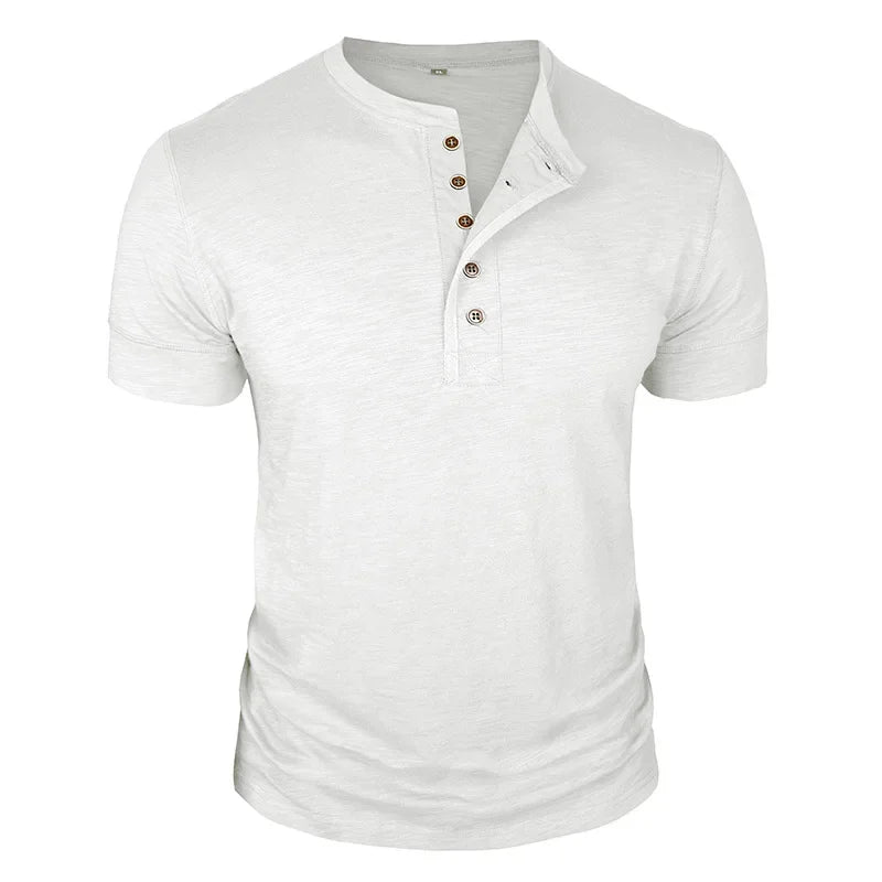 Camisetas masculinas de verão europeias e americanas, camisa Henley de algodão masculina de manga curta, camiseta masculina casual de gola redonda