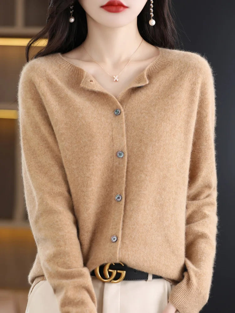 2024 Novo Cardigan Básico Chique Feminino Gola Redonda Suéter de Lã Merino Macio Roupa de Malha Elegante Casaco Primavera Outono Roupas Femininas Tops - Vermelho Shumei XXL